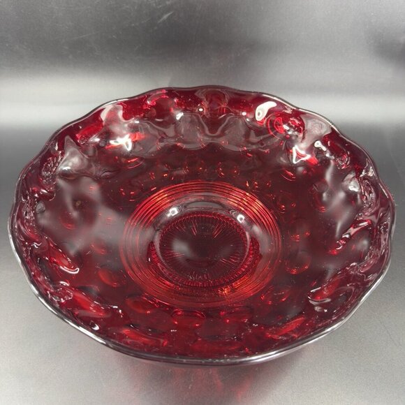 Imperial Glass Old English Ruby Bowl Dot Groove Design Footed Scalloped Rim Bowl - Picture 9 of 16